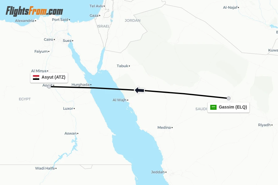 Flights from Gassim to Asyut route map