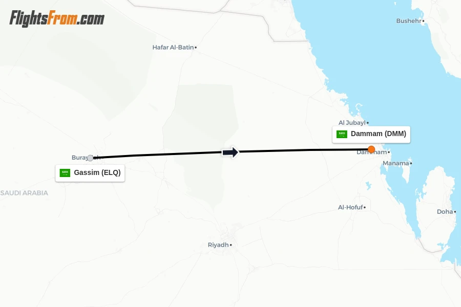 Flights from Gassim to Dammam route map