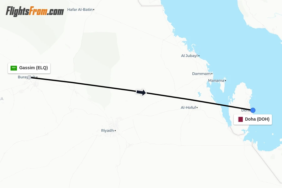 Flights from Gassim to Doha route map