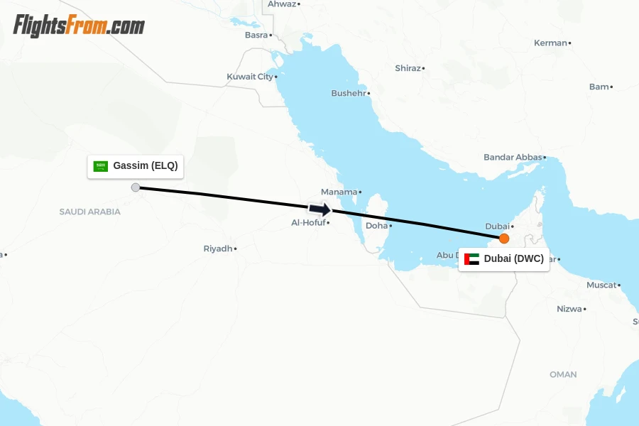 Flights from Gassim to Dubai route map