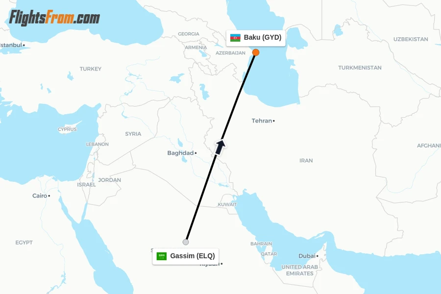 Flights from Gassim to Baku route map