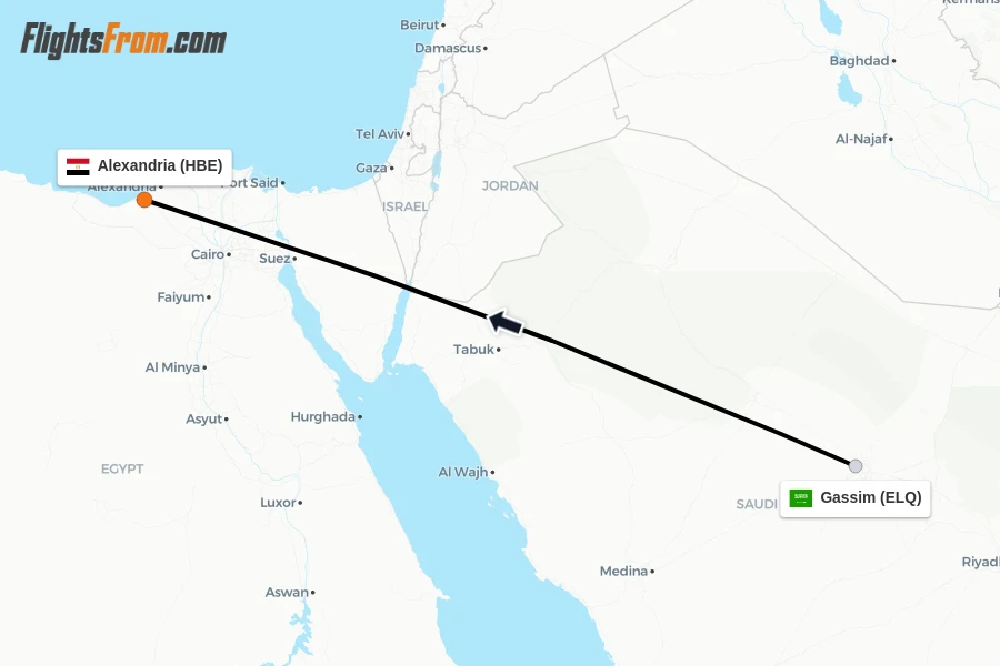 Flights from Gassim to Alexandria route map