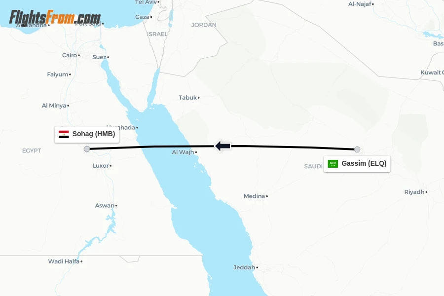 Flights from Gassim to Sohag route map
