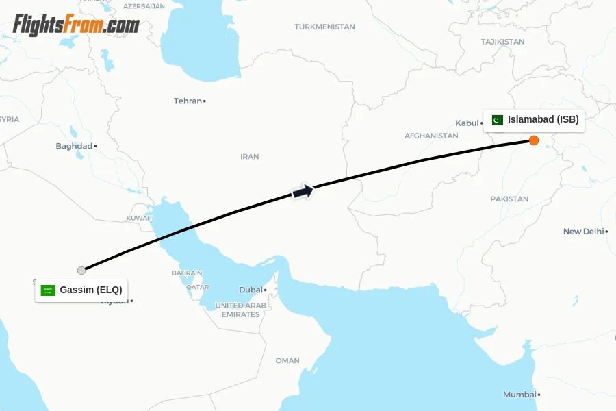 Flights from Gassim to Islamabad route map