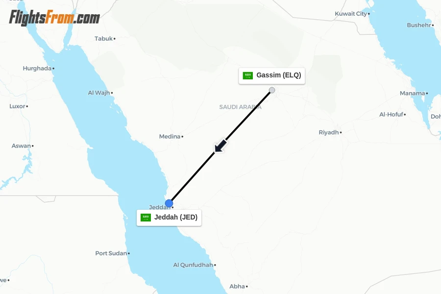 Flights from Gassim to Jeddah route map