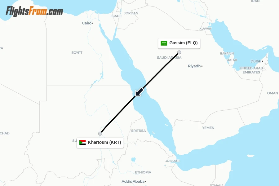 Flights from Gassim to Khartoum route map