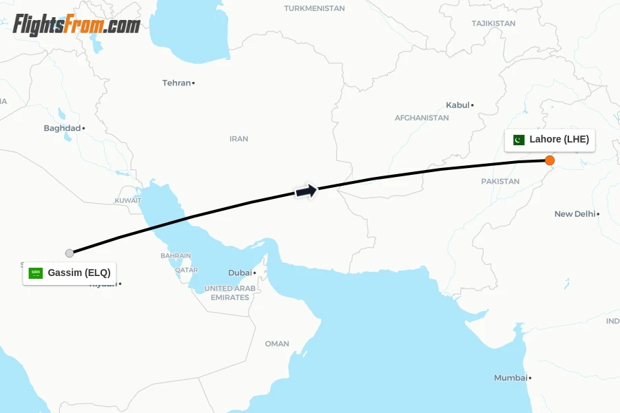 Flights from Gassim to Lahore route map