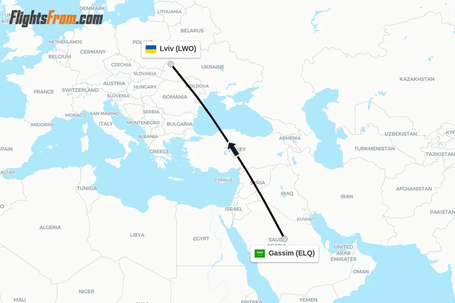Flights from Gassim to Lviv route map