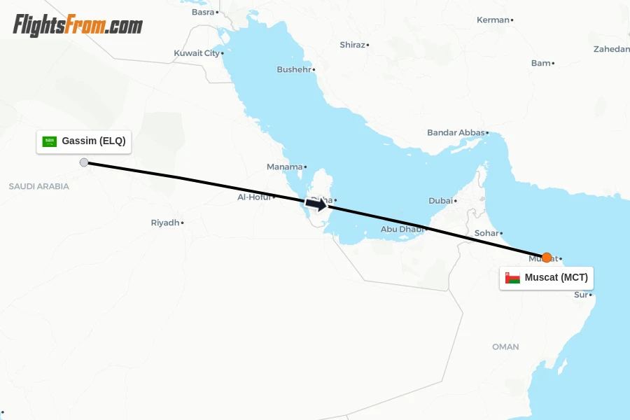Flights from Gassim to Muscat route map