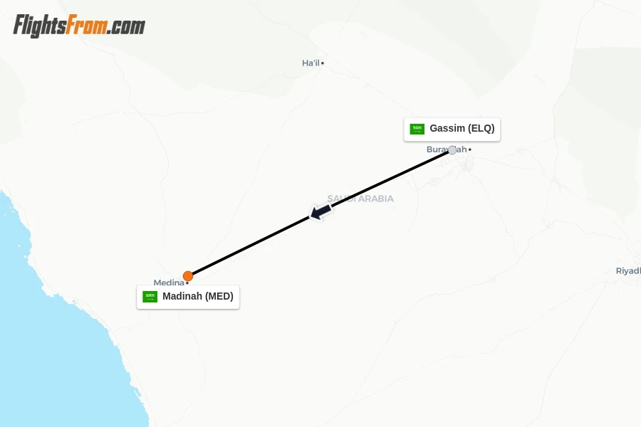 Flights from Gassim to Madinah route map