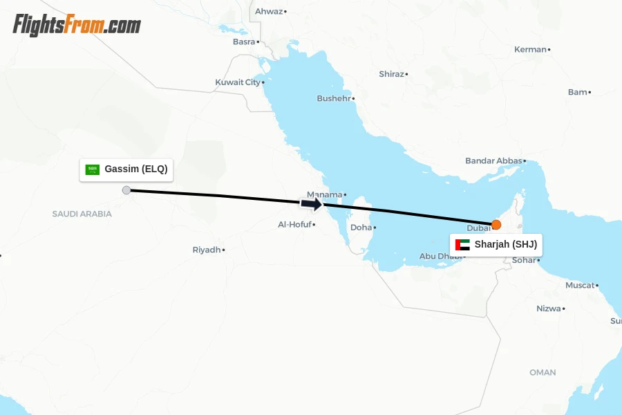 Flights from Gassim to Sharjah route map