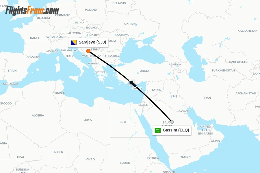 Flights from Gassim to Sarajevo route map