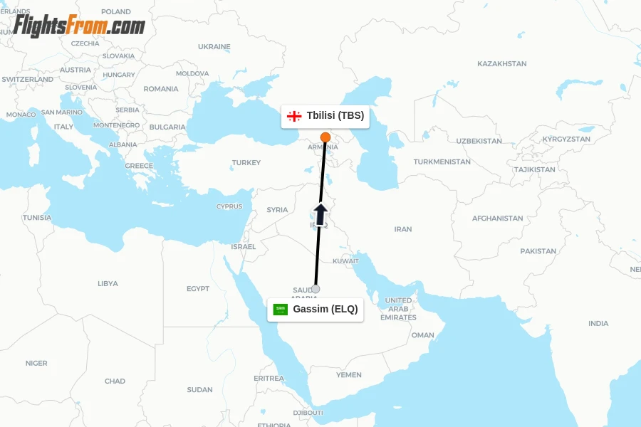 Flights from Gassim to Tbilisi route map