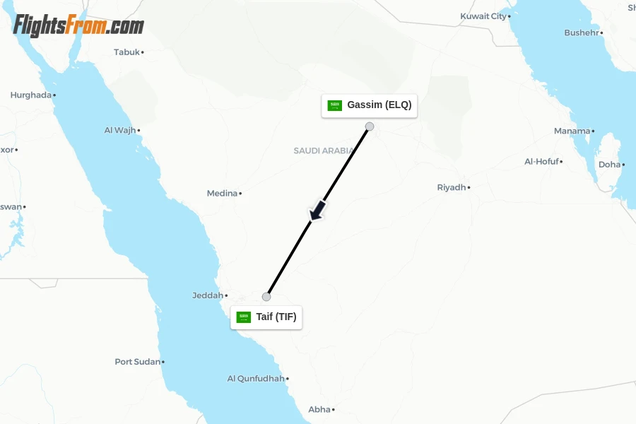 Flights from Gassim to Taif route map