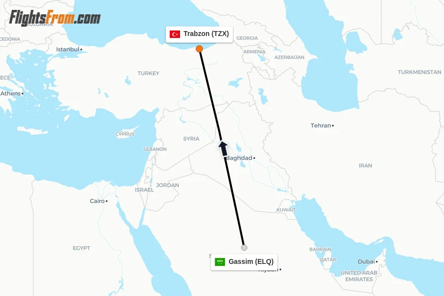 Flights from Gassim to Trabzon route map