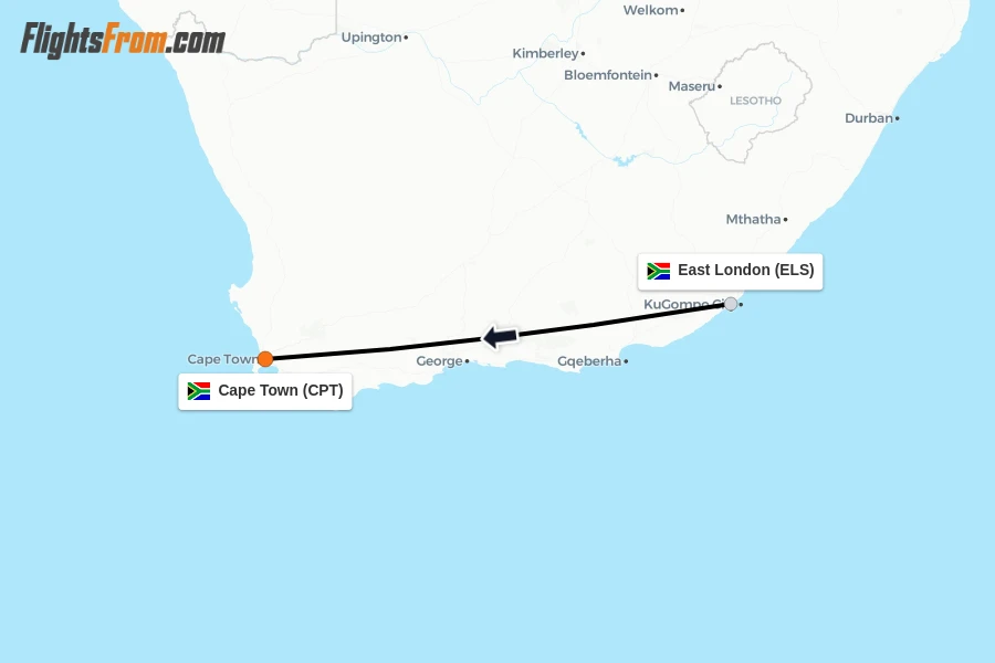 Flights from East London to Cape Town route map