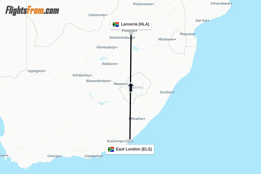 Flights from East London to Lanseria route map