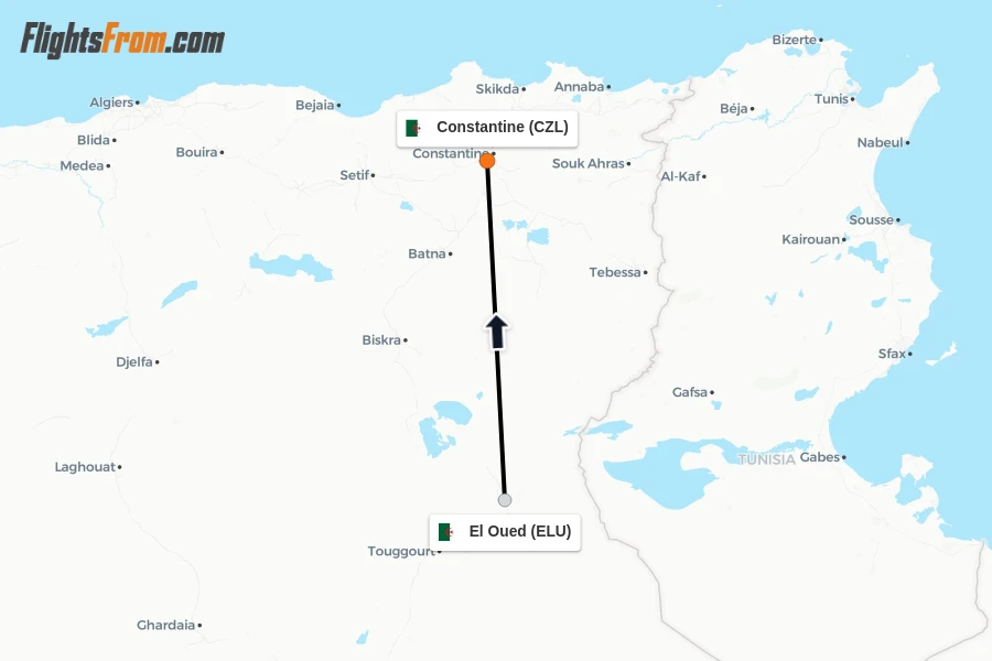 Flights from El Oued to Constantine route map