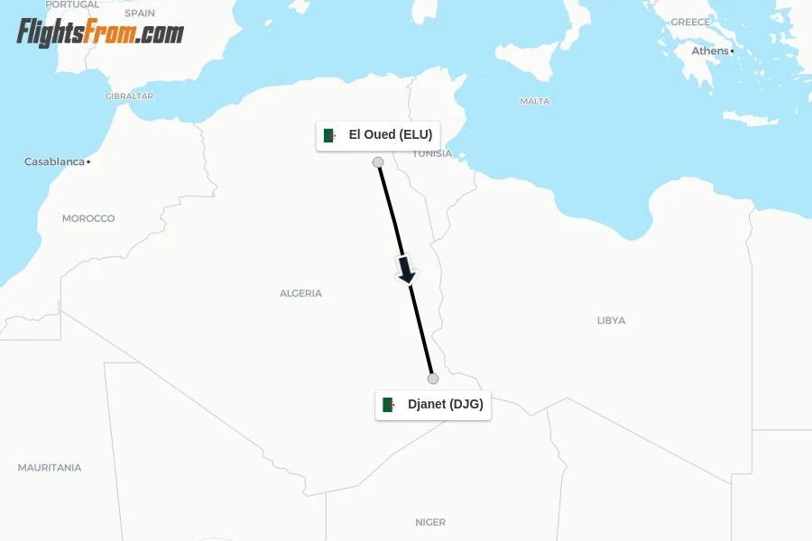 Flights from El Oued to Djanet route map