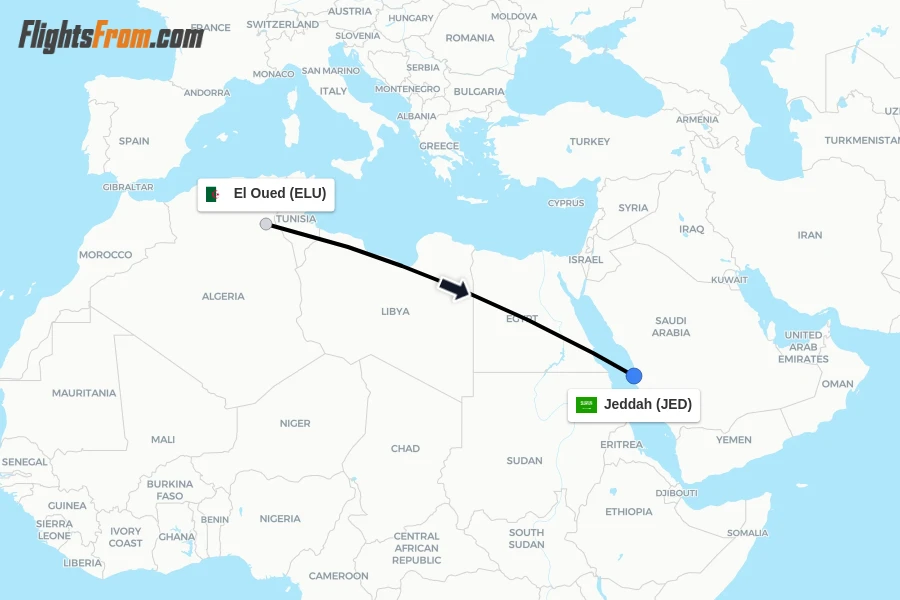 Flights from El Oued to Jeddah route map