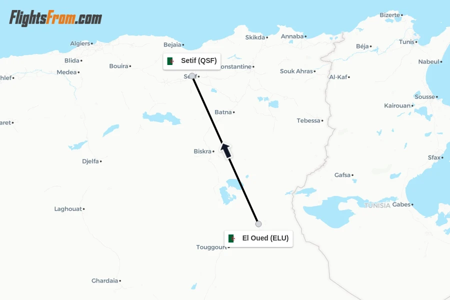 Flights from El Oued to Setif route map