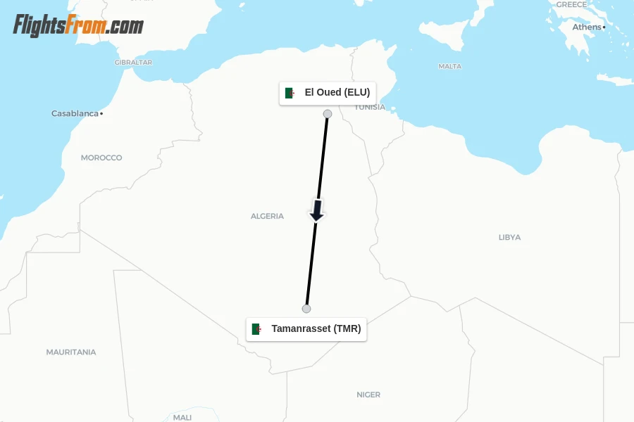 Flights from El Oued to Tamanrasset route map