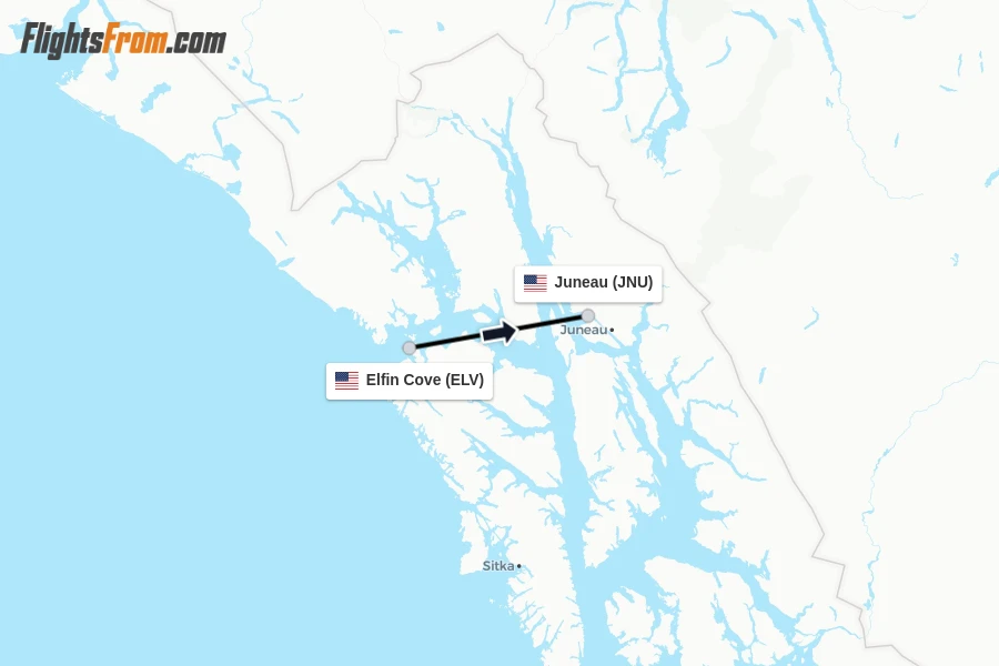 Flights from Elfin Cove to Juneau route map