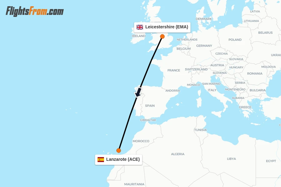 Flights from Leicestershire to Lanzarote route map