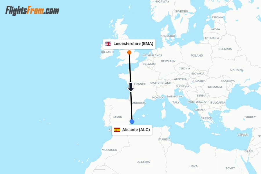 Flights from Leicestershire to Alicante route map