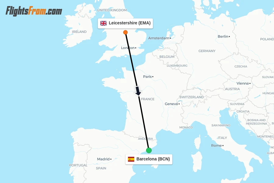 Flights from Leicestershire to Barcelona route map