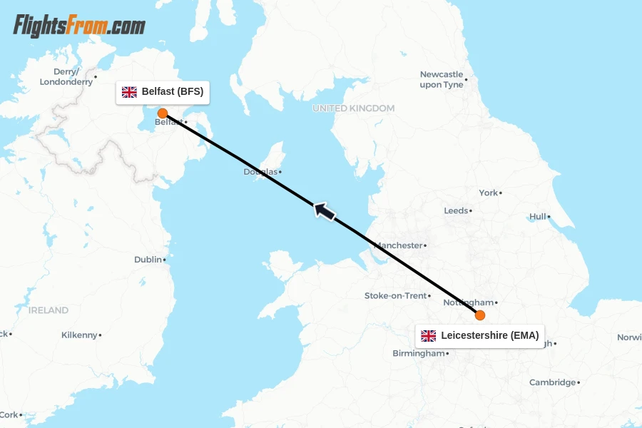 Flights from Leicestershire to Belfast route map