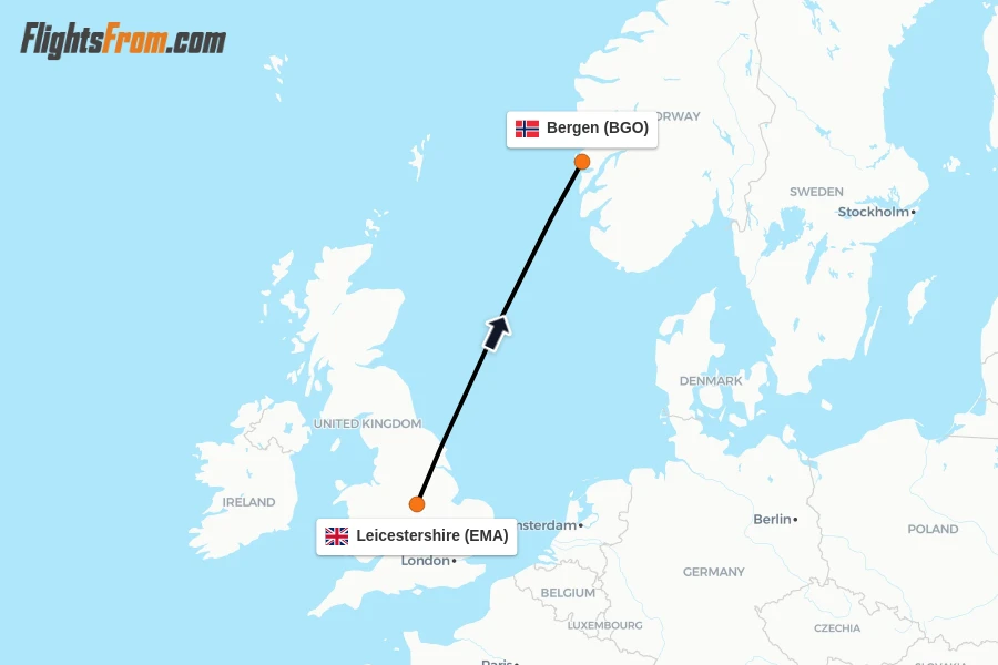 Flights from Leicestershire to Bergen route map