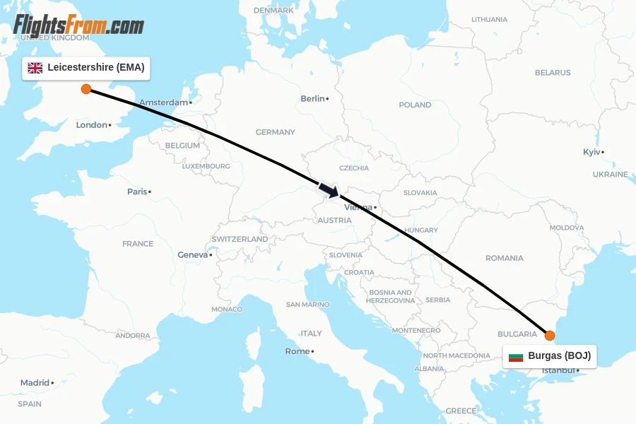Flights from Leicestershire to Burgas route map