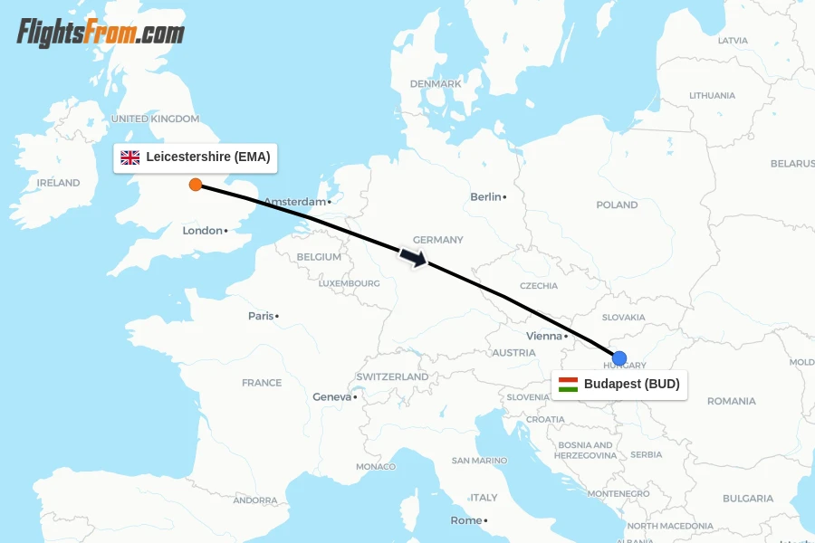 Flights from Leicestershire to Budapest route map
