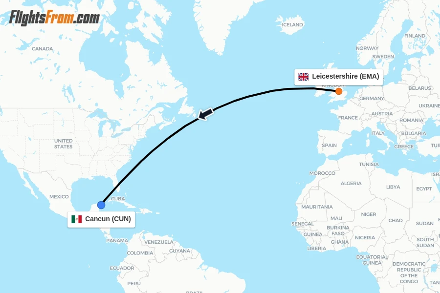 Flights from Leicestershire to Cancun route map