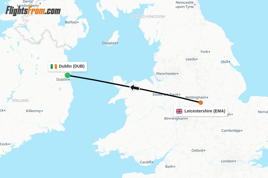 Flights from Leicestershire to Dublin route map