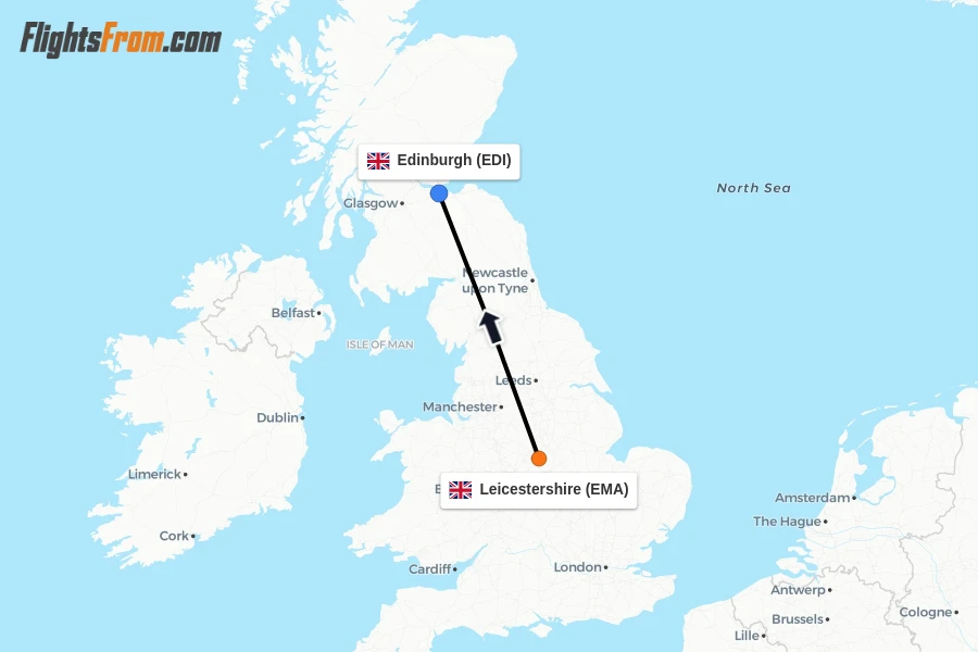 Flights from Leicestershire to Edinburgh route map