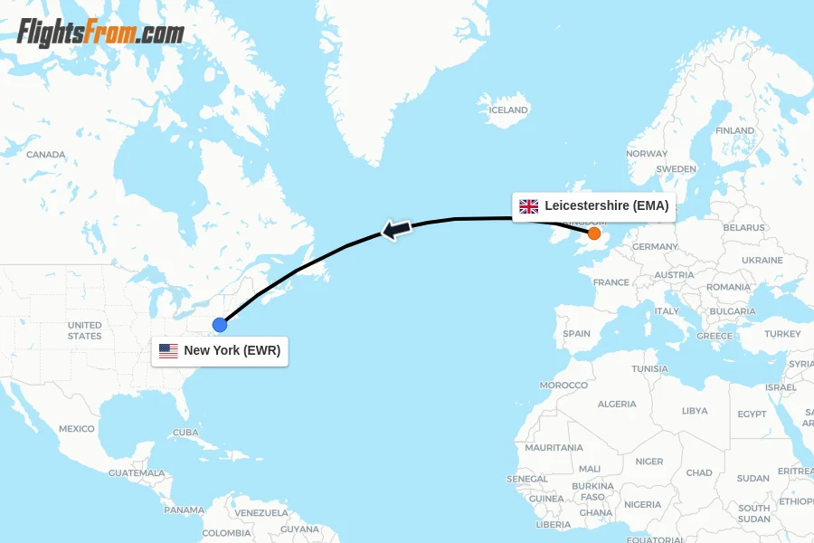 Flights from Leicestershire to New York route map