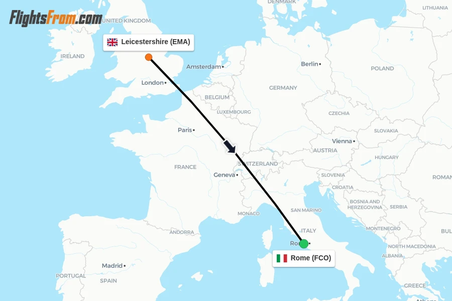 Flights from Leicestershire to Rome route map