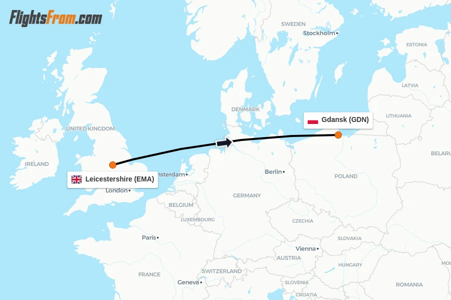 Flights from Leicestershire to Gdansk route map