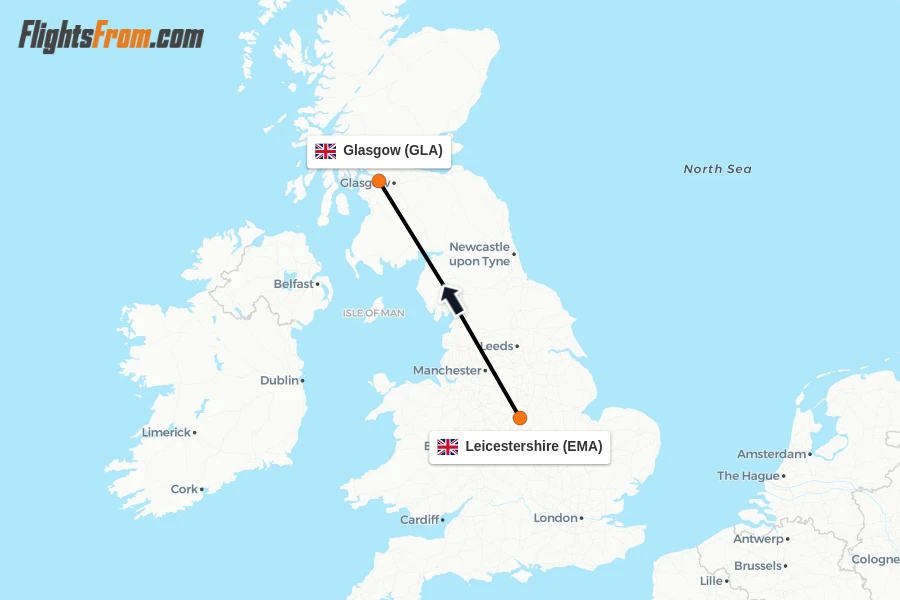 Flights from Leicestershire to Glasgow route map