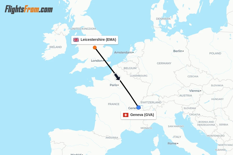 Flights from Leicestershire to Geneva route map