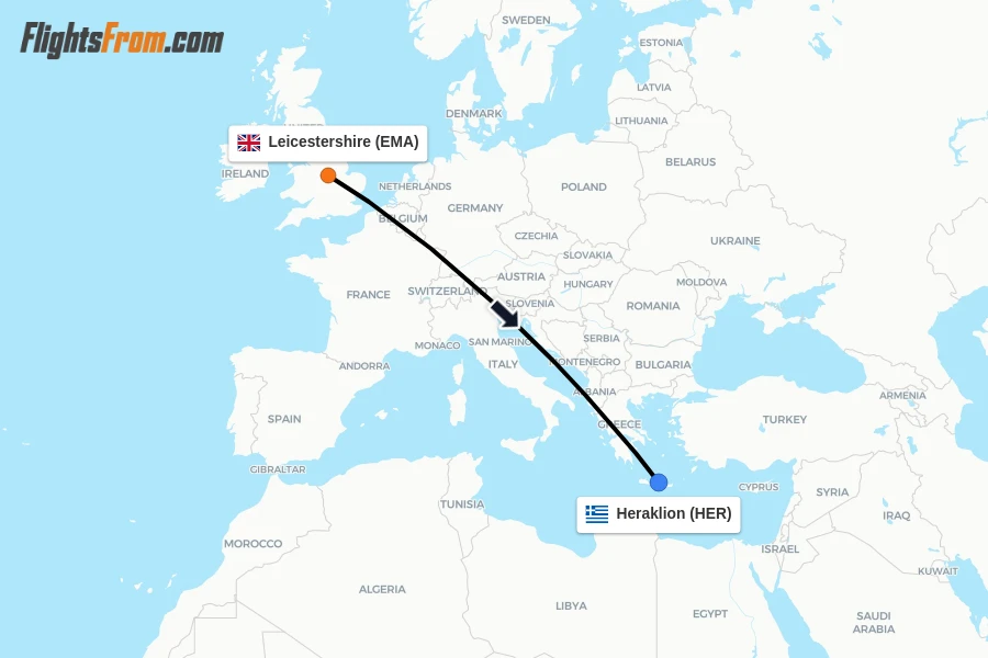 Flights from Leicestershire to Heraklion route map