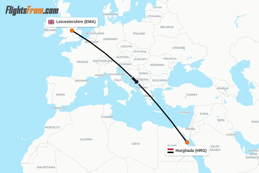 Flights from Leicestershire to Hurghada route map