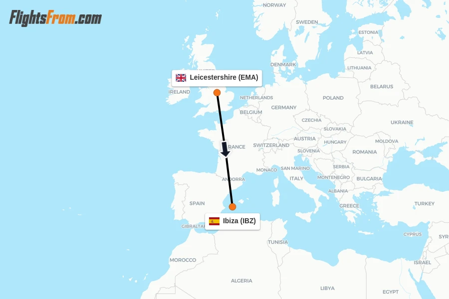 Flights from Leicestershire to Ibiza route map