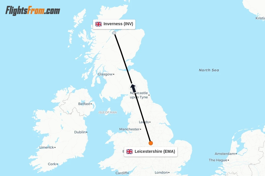 Flights from Leicestershire to Inverness route map