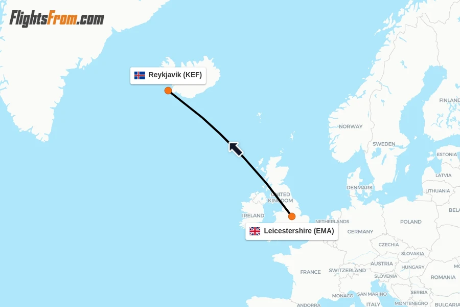 Flights from Leicestershire to Reykjavik route map