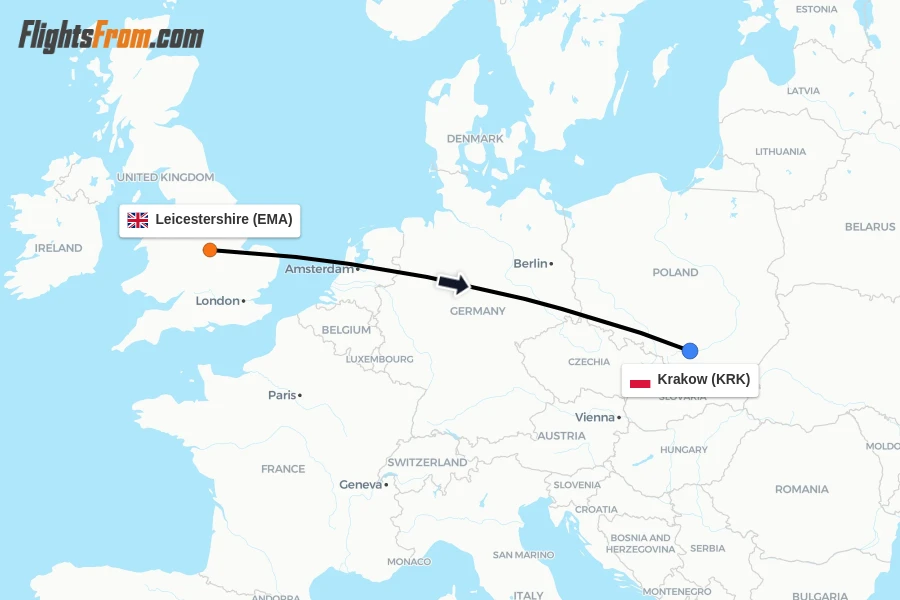 Flights from Leicestershire to Krakow route map
