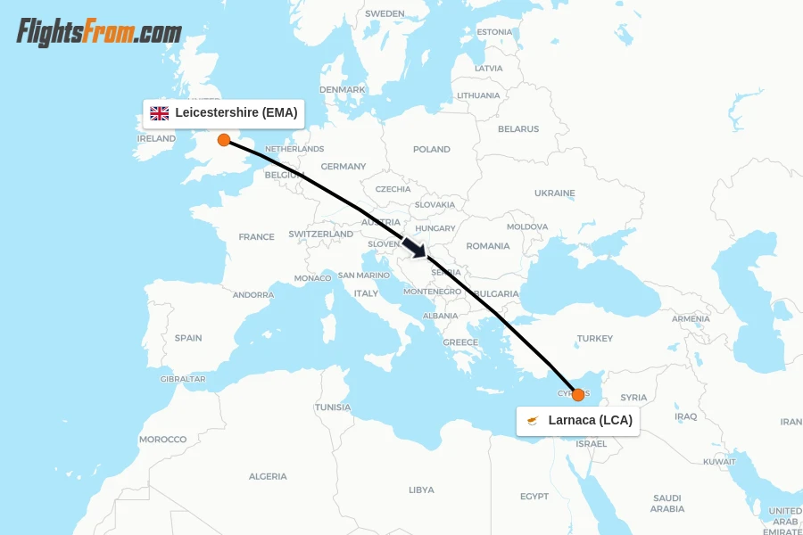 Flights from Leicestershire to Larnaca route map