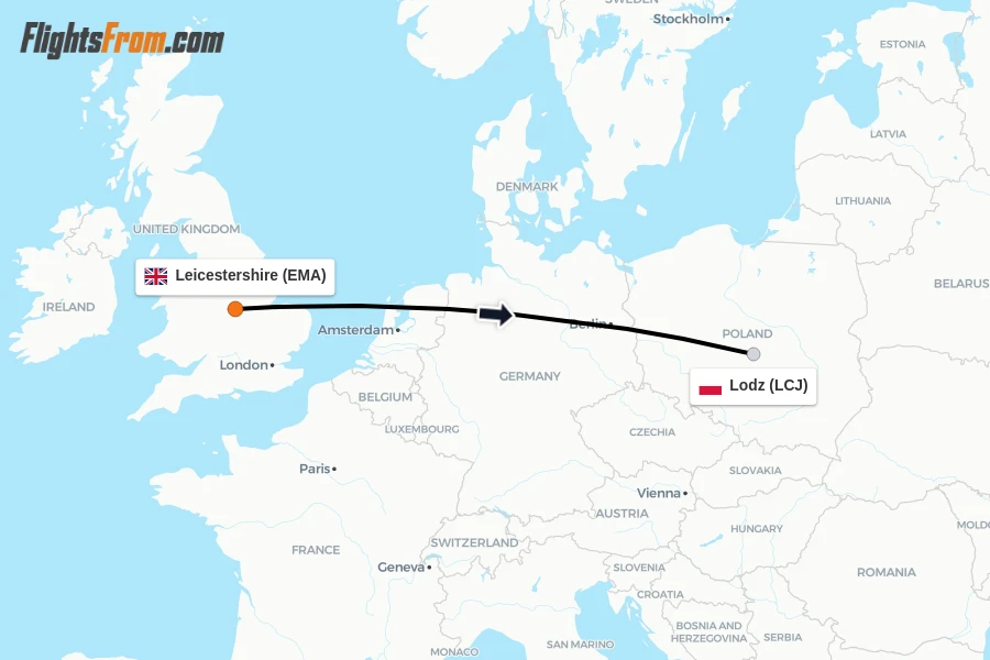 Flights from Leicestershire to Lodz route map